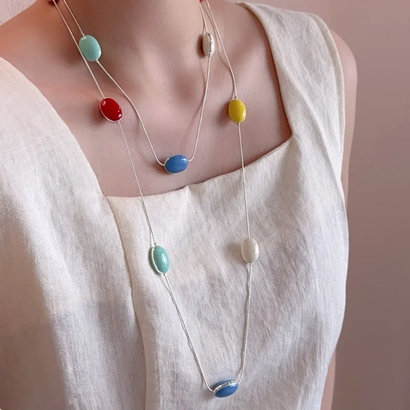 

Minar New Luxury Multicolor Enamel Beans Pendant Necklaces for Women Silver Plated Herringbone Double Layers Long Sweater Chain