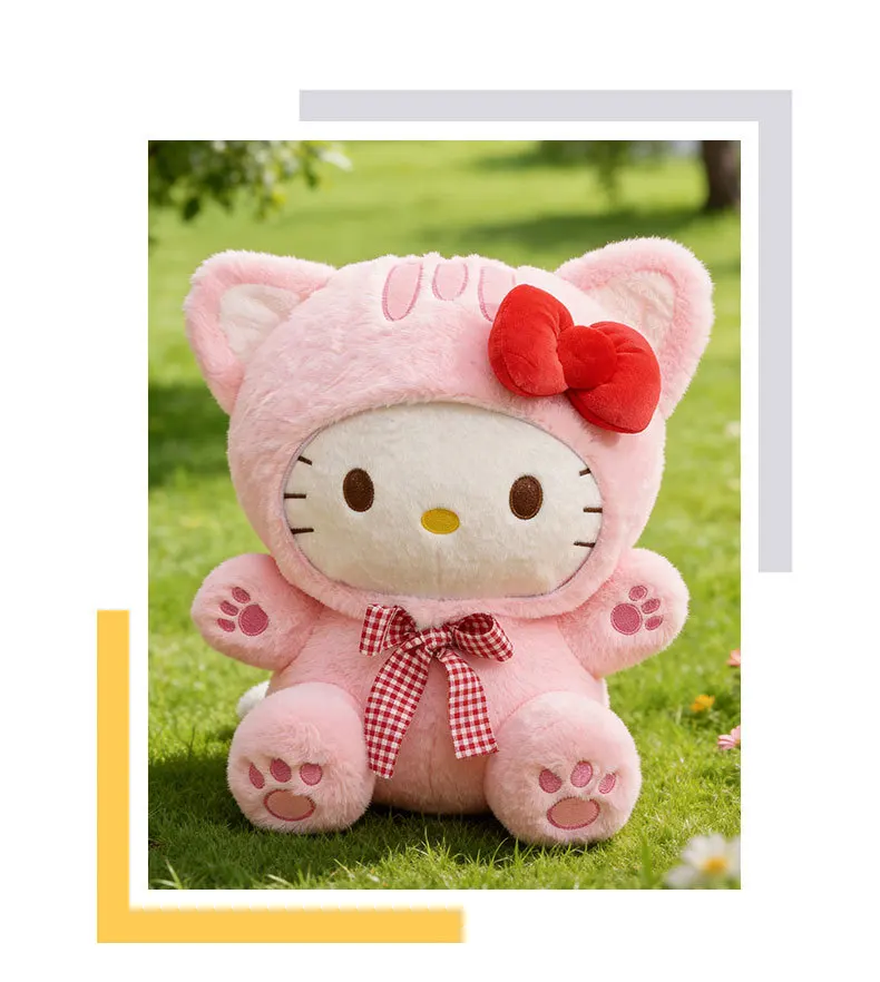 20/30/45/60CM Niedliche Graue Katze Hello Kitty Plüschpuppe mit Kariertem Schleifendesign KT Stofftier Weiches Kissen Heim- und Raumdekoration Geburtstagsgeschenk – Detail 15