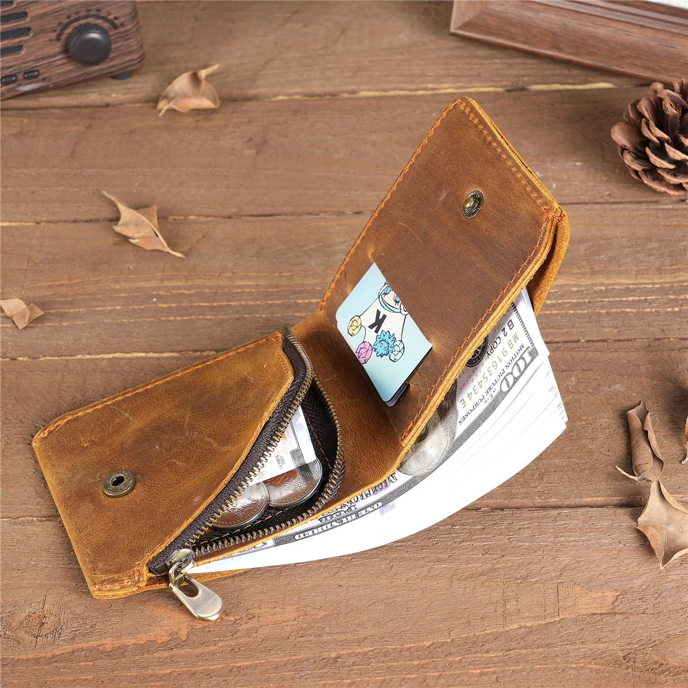 1048 Men's Crazy Horse Leather Wallet, Genuine Leather Head Layer Leather Wallet, Two Fold Retro Multi functional Coin Wallet
