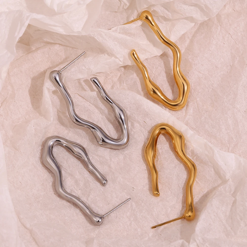 E.B.belle Wave V-shaped Drop Earrings Cool Tarnish Free 18K Gold Plated Gift Silver Color 316L Stainless Steel Decoration