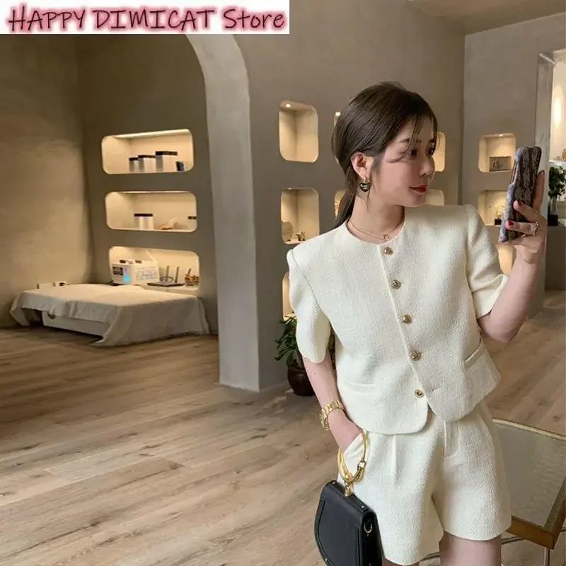 Womens Outifits Korean Shirt Blazers Wide Leg Shorts O Neck Short Sleeve Tweed Jacket Crop Cardigan Suits Two Piece Sets