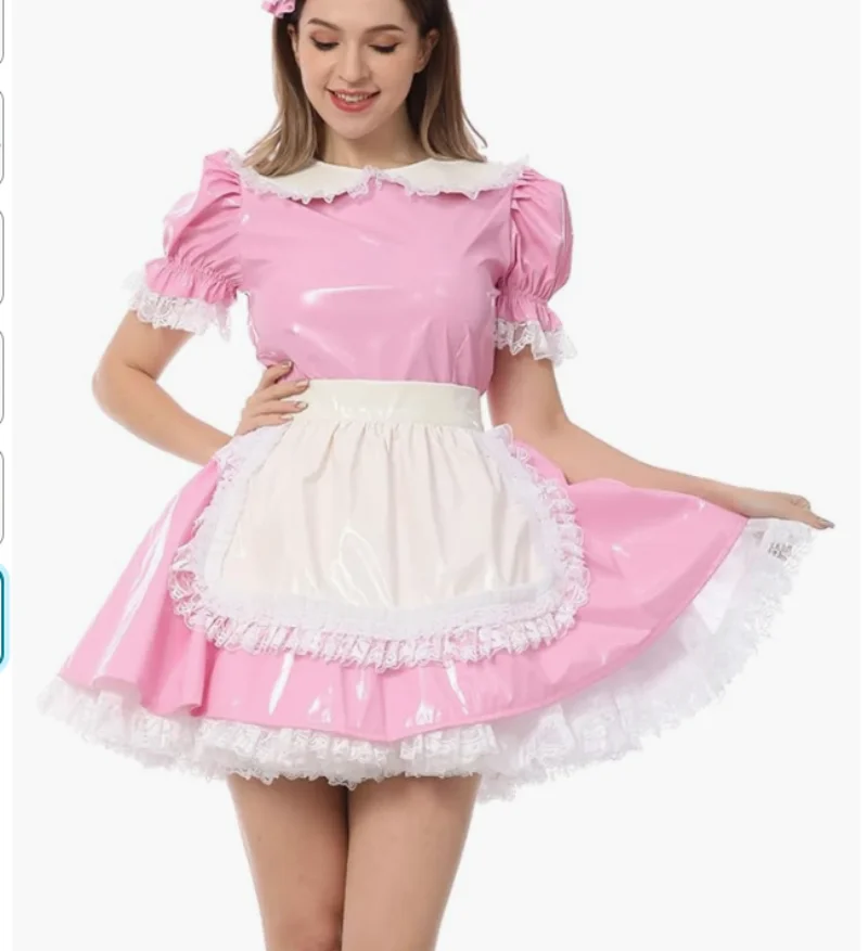 French Sexy Adult Customized Fetishist Costume Crossdresser Maid Pink White Spliced PVC Lapel Shoulder Fluffy Lace Dress