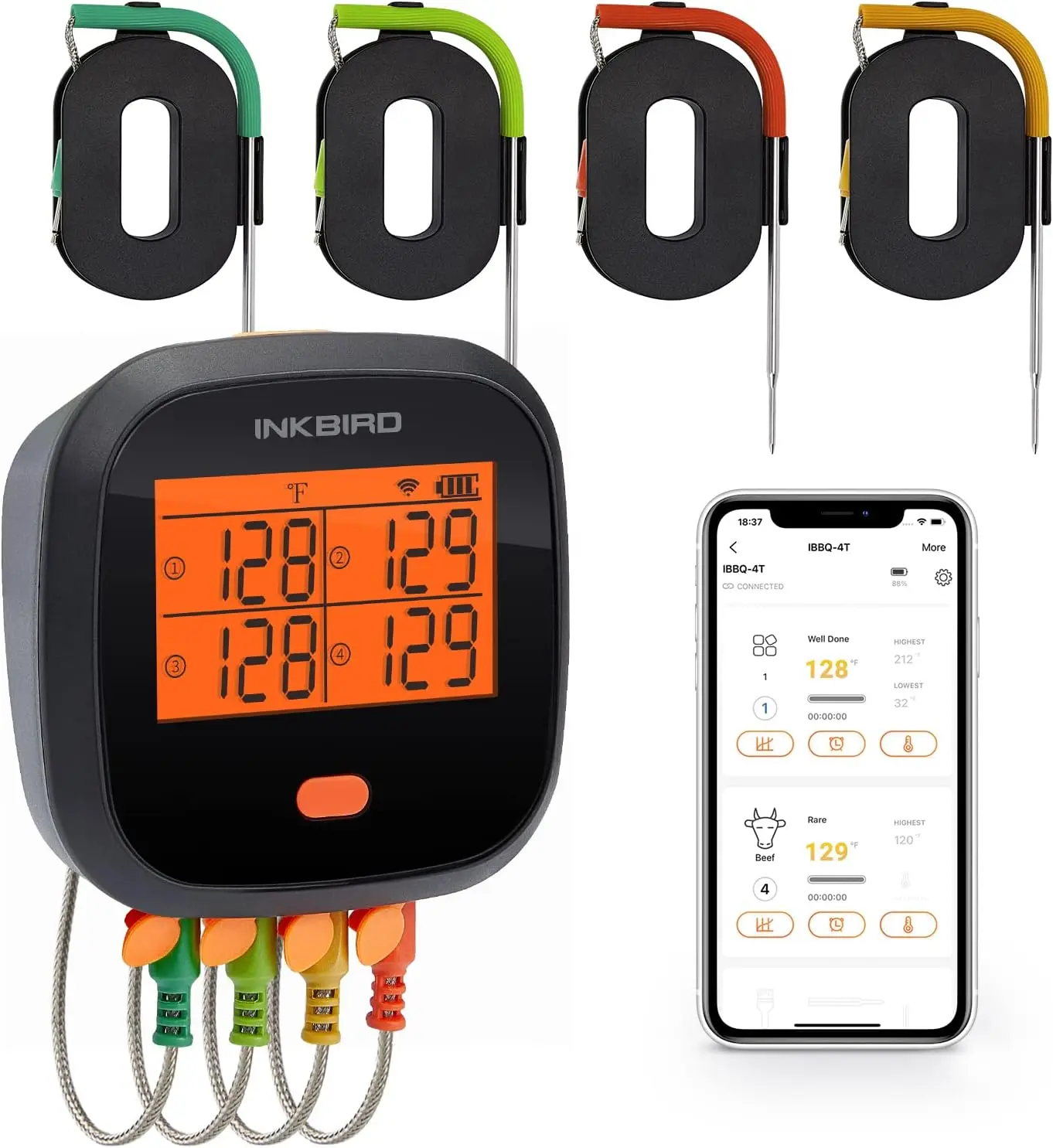 inkbird termometro de carne wifi termometro alimentar colorido sondas organizadas inteligente digital recarregavel fumar churrasco 01