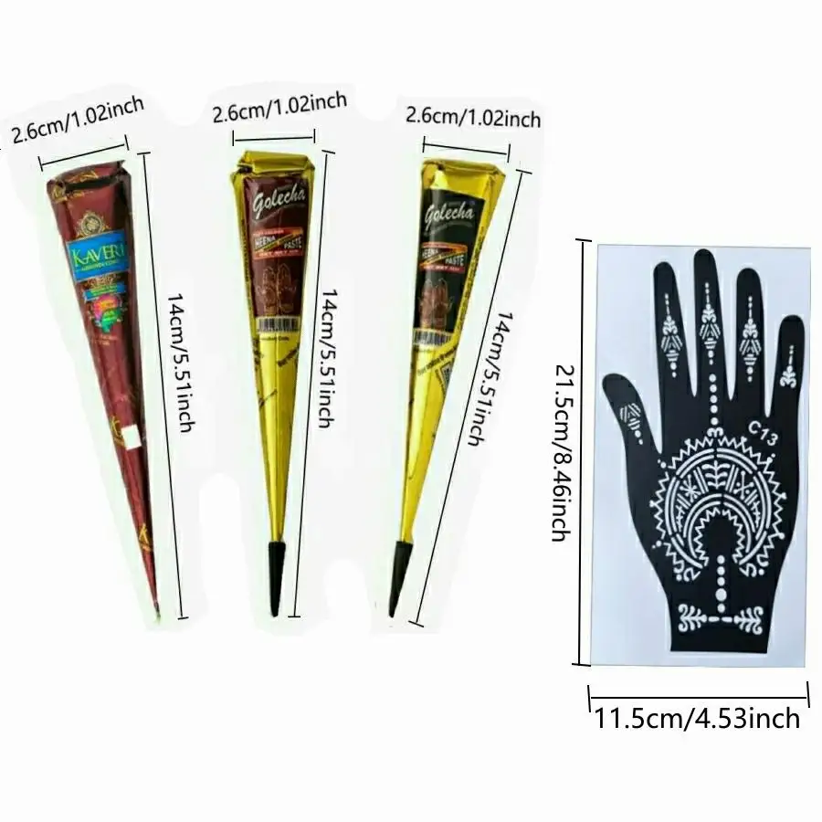 Henna Tattoo Set, 3 Henna Pastes + 6 Temporary Tattoo Stencils, Waterproof Henna Tattoos for & Mehendi Designs