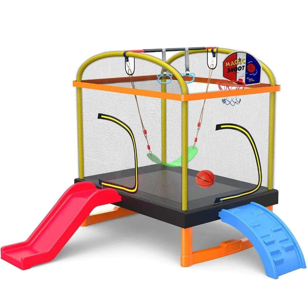 

6.5Ft 7-in-1 Rectangle Trampoline for Kids, with Climb, Slide, Swing, Basketball Hoop, Multi-Functional Indoor, Customized