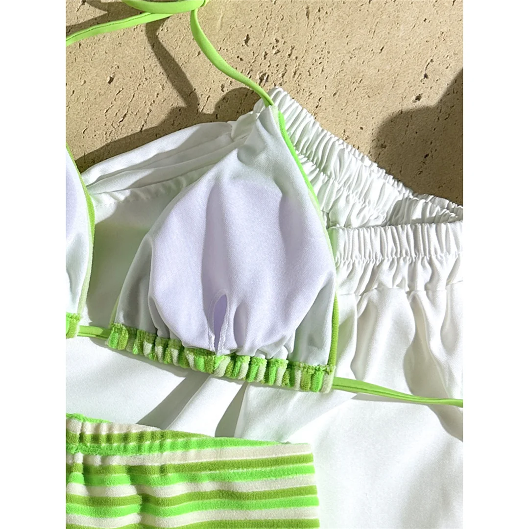 Neuer gestreifter Neckholder-Bikini mit hoher Taille, Damen-Badeanzug, zweiteiliges Bikini-Set mit Shorts, Badebekleidung, Badeanzug, Schwimmanzug V7825 – Detail 34