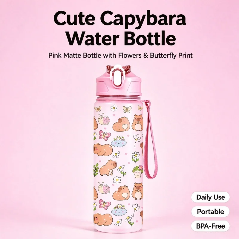800ml Cute Capybara Cartoon Water Bottle 3D Print Pattern Matte Plastic Leakproof Flip Top Lid Portable Sports Water Lanyard Cup