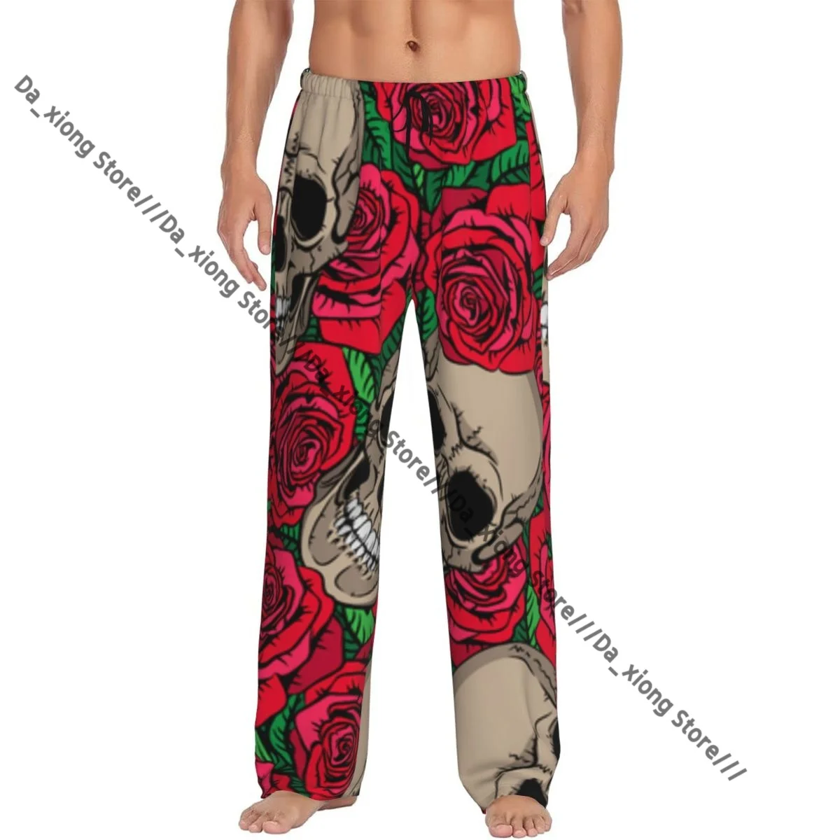 

Мужская одежда для сна, свободные брюки для сна, пижамы с черепами и красными розами, длинные штаны для отдыха, повседневная домашняя одежда