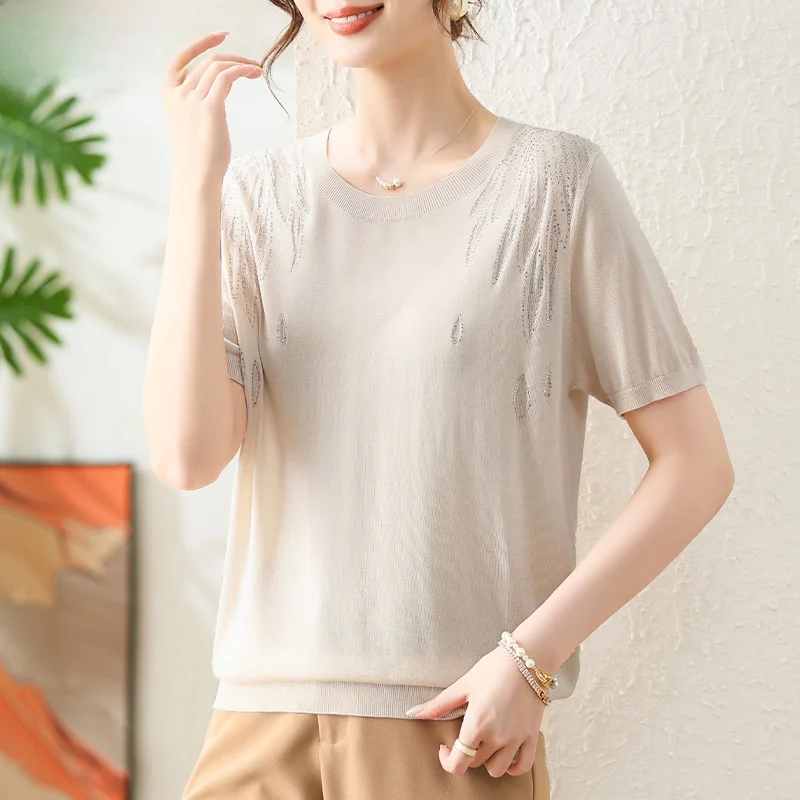 

Модная женская футболка с коротким рукавом, летняя одежда для мам, вязаный свитер для женщин среднего и старшего возраста