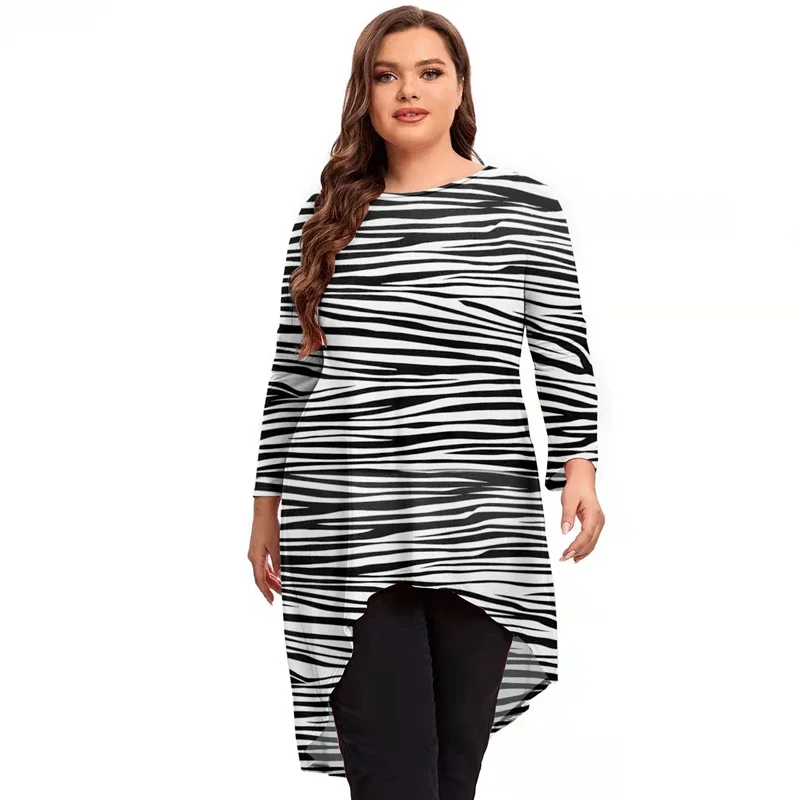 Plus Size Long Sleeve Casual Zebra Print Blouse Long Loose Spring Autumn Tunic Top Fit Flare Large Size Clothing T Shirt 4XL 5XL