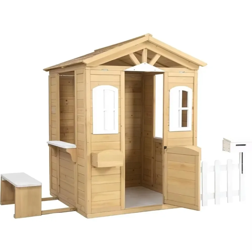 Playhouses, Outdoor Playhouse for Age 3-6 Years Boys Girls,Wood Cottage Playhouse w/Mailbox Bench Door Windows Flowerpot Holders