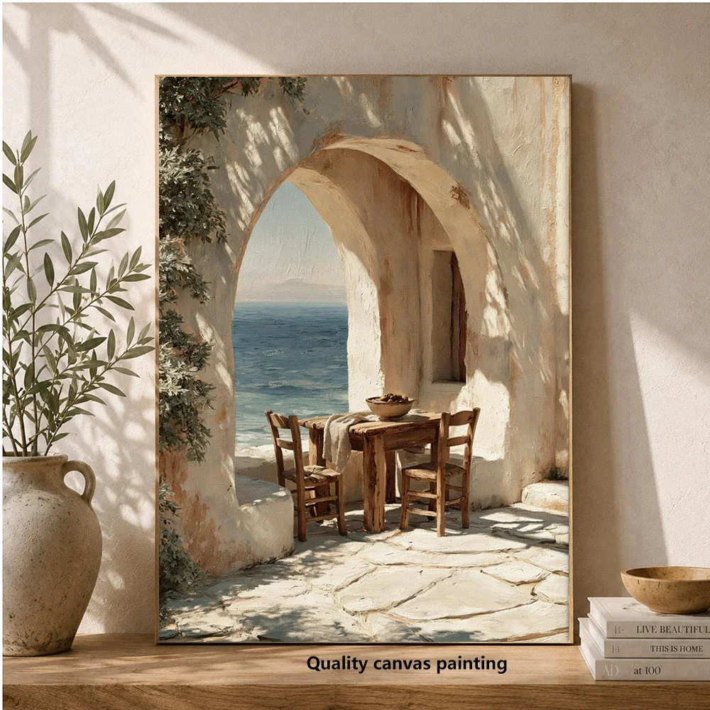 Frameless Canvas Painting Mediterranean-style Wall Art, Greek Coastal Terrace Painting, Home Living Room, Bedroom Decor, Printa