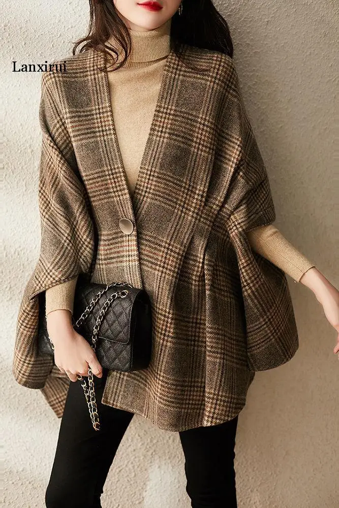 

New Spring Women's Batwing Sleeve V-neck Plaid Coat Jacket women Female Loose Outwear Jacket Coat