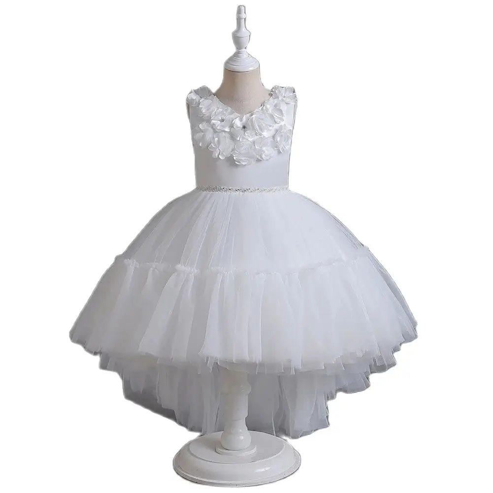 White flower girl princess dress suitable for 3 TO 12 YEar bridesmaids wedding dress with a trailing tail