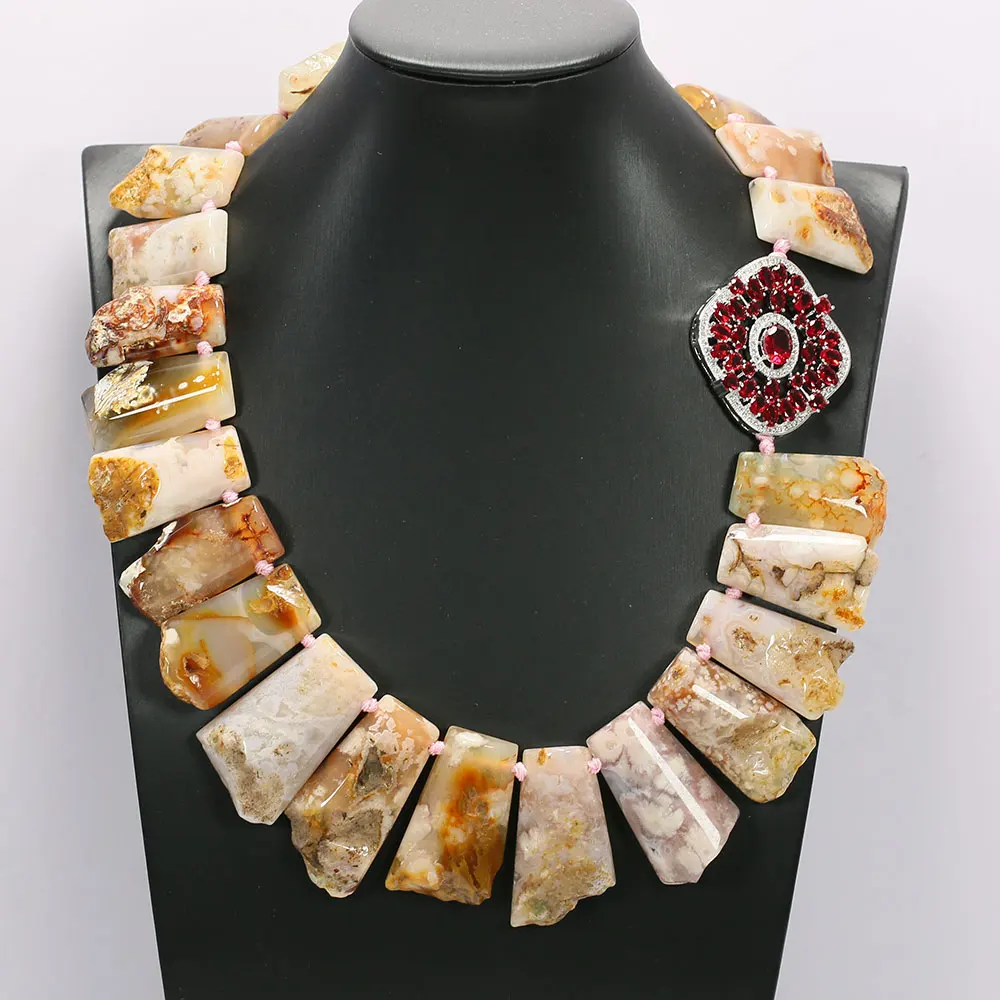 GG Brown Ocean Jasper Agate Point Top Drilled Stone Slab Nugget Coated CZ Connector Necklace Handmade For Lady Gifts