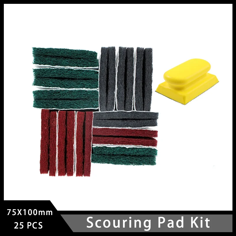 75X100mm Scouring Pad Kit with Hand Sanding Block Red/Green/Grey Reusable Household Scrub Pads 25 Pcs  for Cleaning Car Body