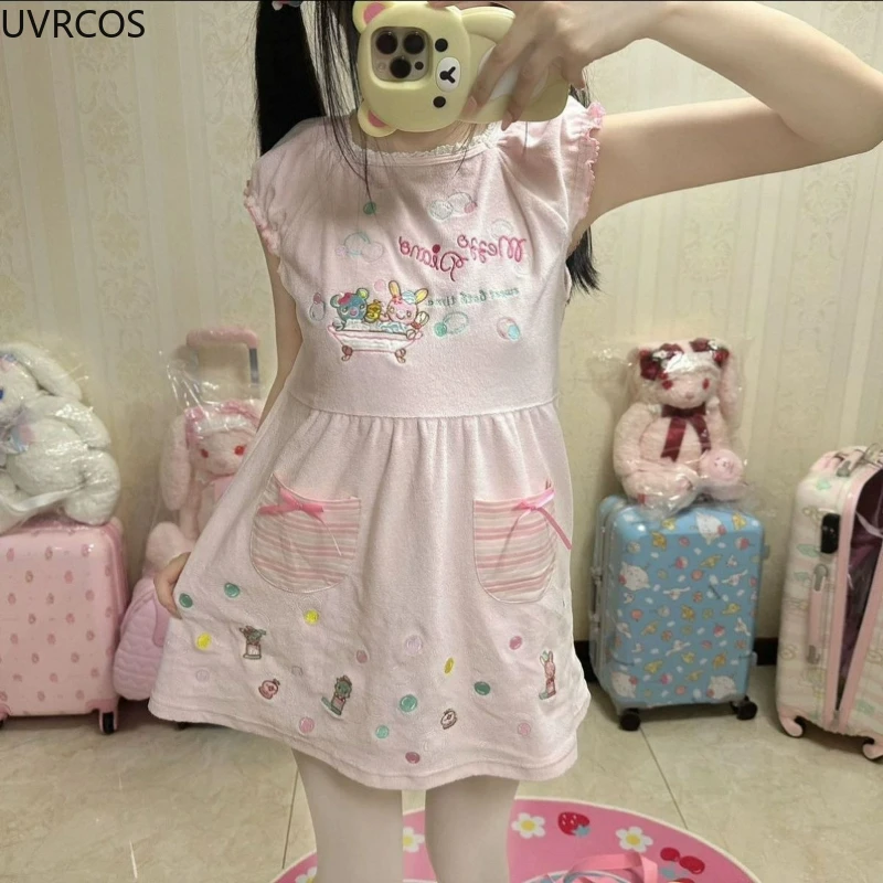 اليابانية Kawaii لوليتا نمط فستان المرأة الحلو الكرتون التطريز القوس الجيب ​ فستان Y2k الجمالي Harajuku Grunge Mini Vestidos