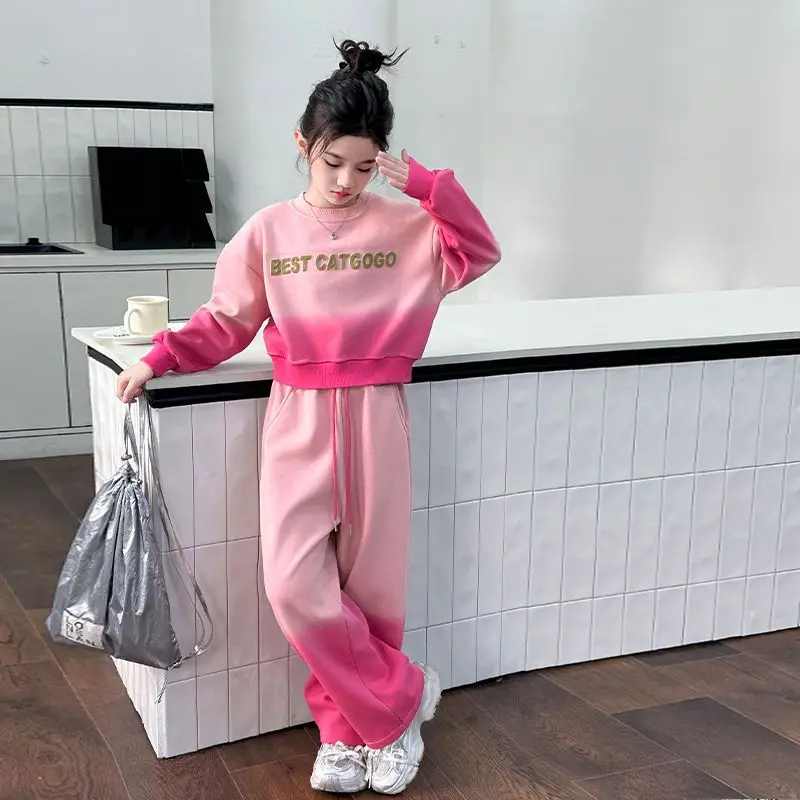 2026 spring Teenager Clothes Children Set batwing Crop Top sweatshirt top and bottom wide leg Pant suit tracksuit 4 8 12 14 year