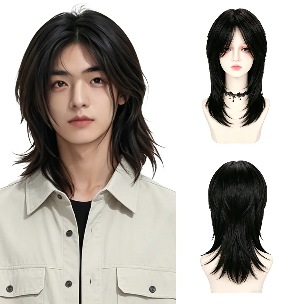 Mullet Wig Black Medium Length Layered Shaggy Wig Natural Look Heat Resistant Synthetic Hair For Women Men Cosplay Daily Wear