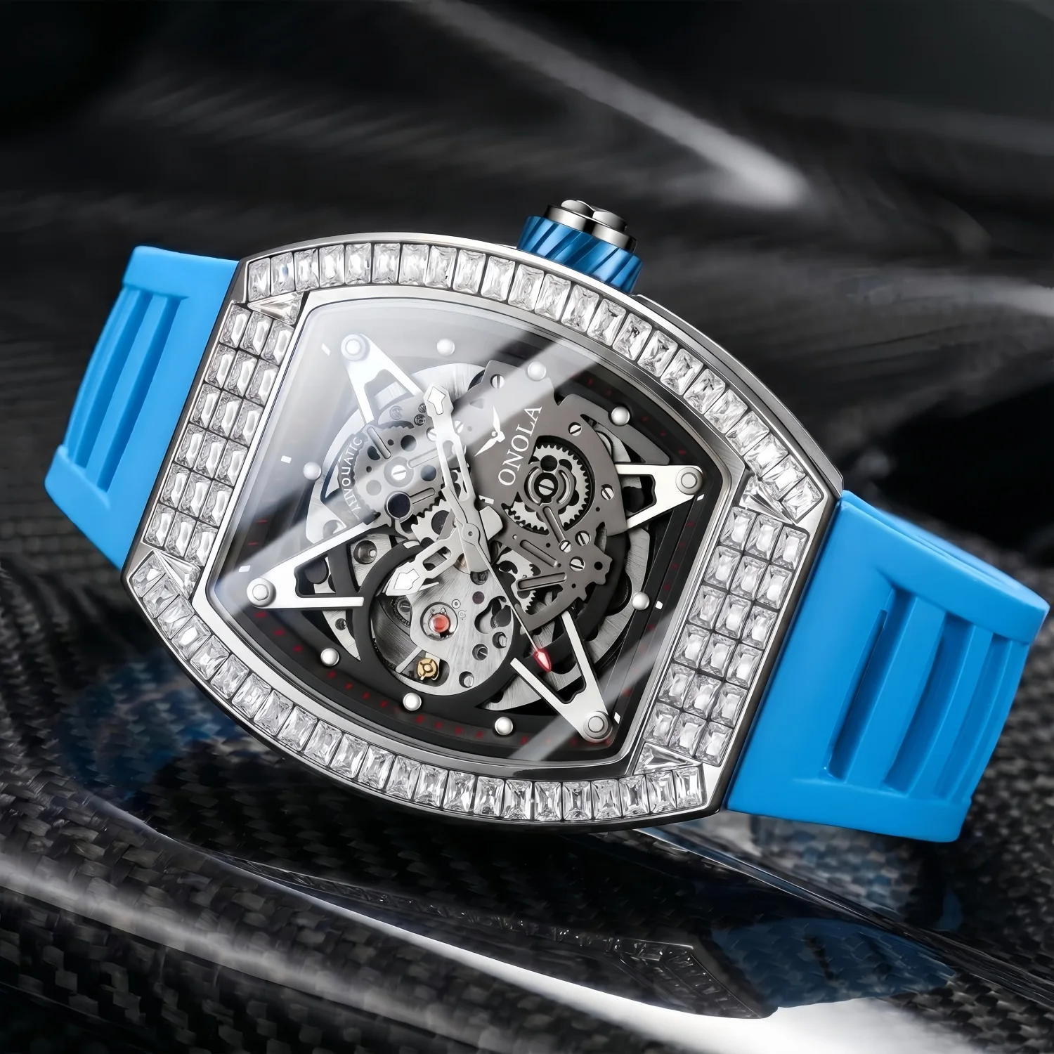 ONOLA Brand Fashionable Full Diamond New Wine Barrel Fully Automatic Mechanical Watch Silicone Tape Waterproof Watches for Man