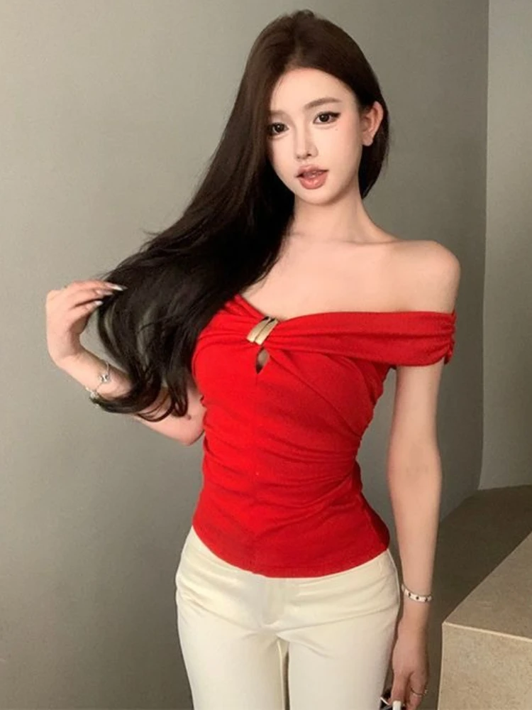 

Y2K Off Shoulder T-shirt Women Aesthetic Short Sleeve Tee Sexy Hollow Out Crop Tops Summer Korean Fashion Slim Tops Clothes 2025