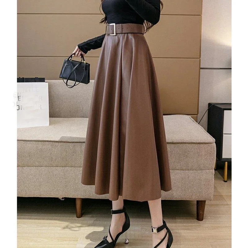 Women Vintage Solid Pu Leather Pleated Elegant Belt Midi Skirt Autumn Winter Fashion High Waist Large Swing A Line Skirts Faldas