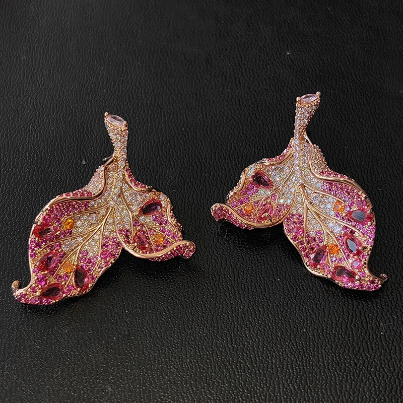 Zircon Earrings for Women Wedding Bridal Luxury Jewelry Evening Party Fushia Pink White Leaf Stud Earrings Mermaid Tail Gift