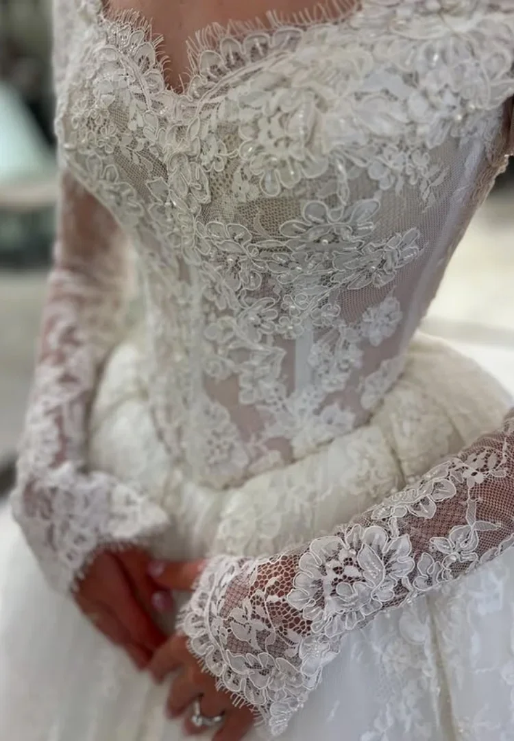 فستان زفاف دانتيل فيستدو دي نوفيا مانغا لارجا أنيق ثوب حفلة عتيق الحد الأدنى ألتا كوستورا بودا مدني مخصص