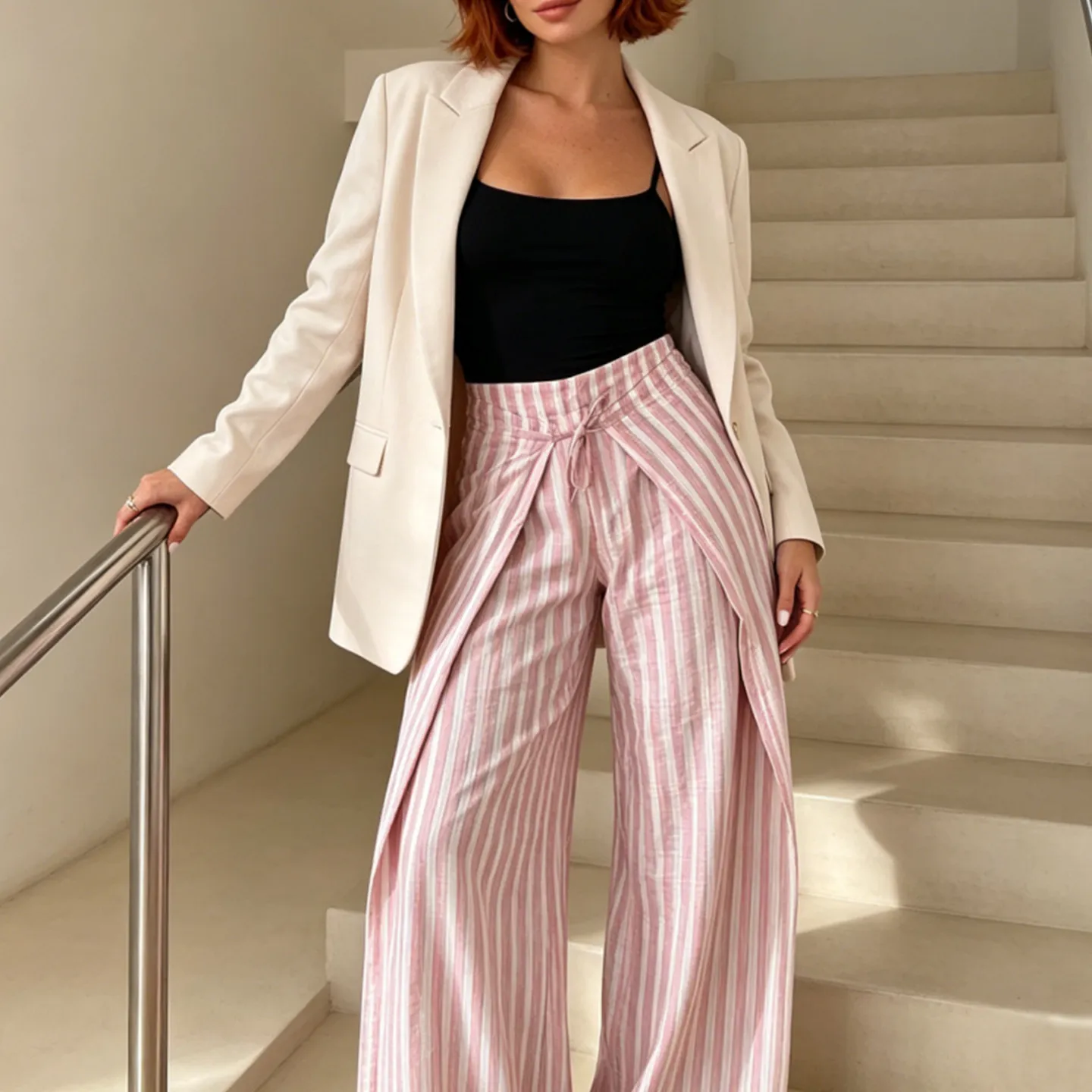 Women's Slim Fit Adjustable Waist Stripe Pants Versatile Autumn Fashion Casual Trousers Comfortable Natural Waist Other Material