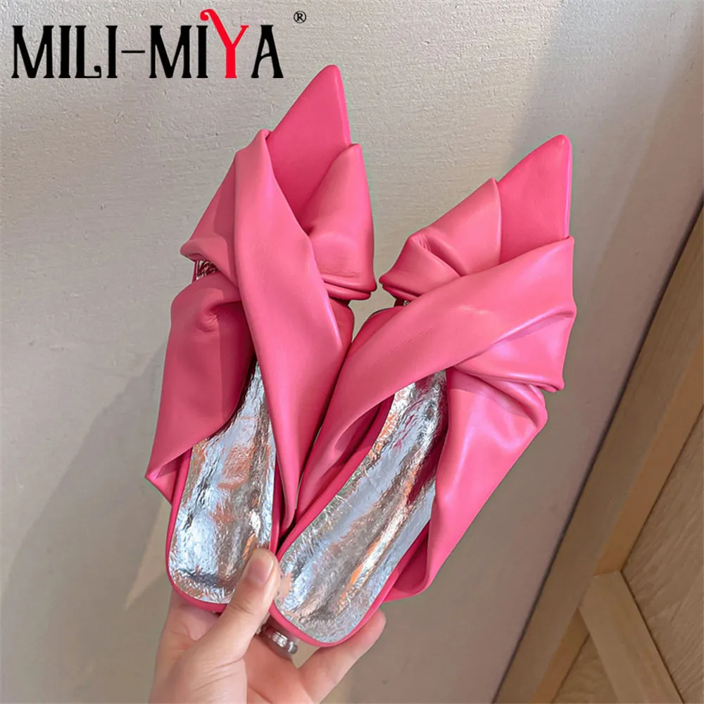 MILI-MIYA Sexy Pointed Toe Women Full Genuine Leather Sandals Solid Color Slip On Flat Heels Dress Party Summer Street Shoes