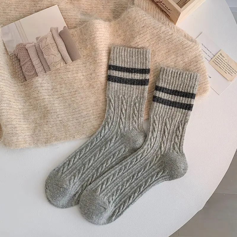 5/10 Paar Damen Herbst-Winter gestreifte mittelhohe Socken, warm, bequem, modisch, College-Stil, dreidimensionale Textur, lässige Socken – Detail 17