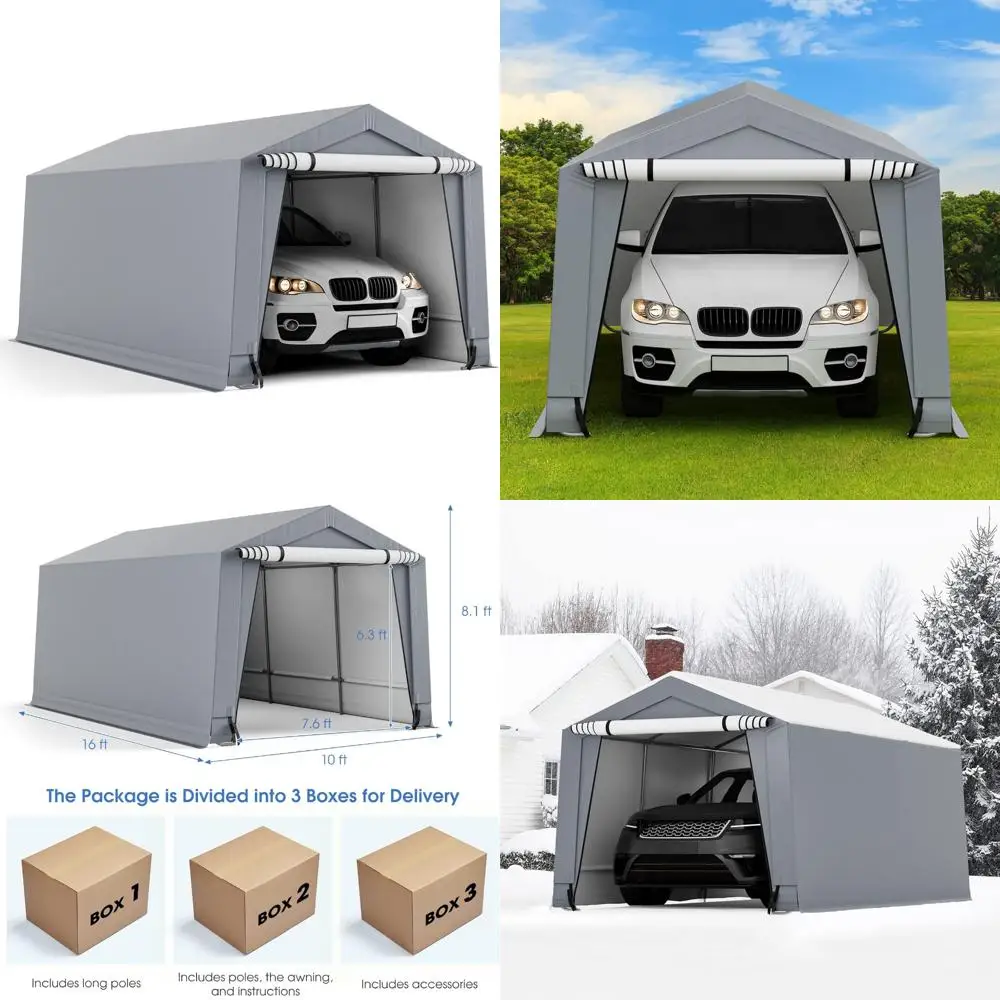 

"Heavy-Duty 10x16 Outdoor Portable Carport with Galvanized Steel Frame and Reinforced Triangular Beams for All-Season Use"