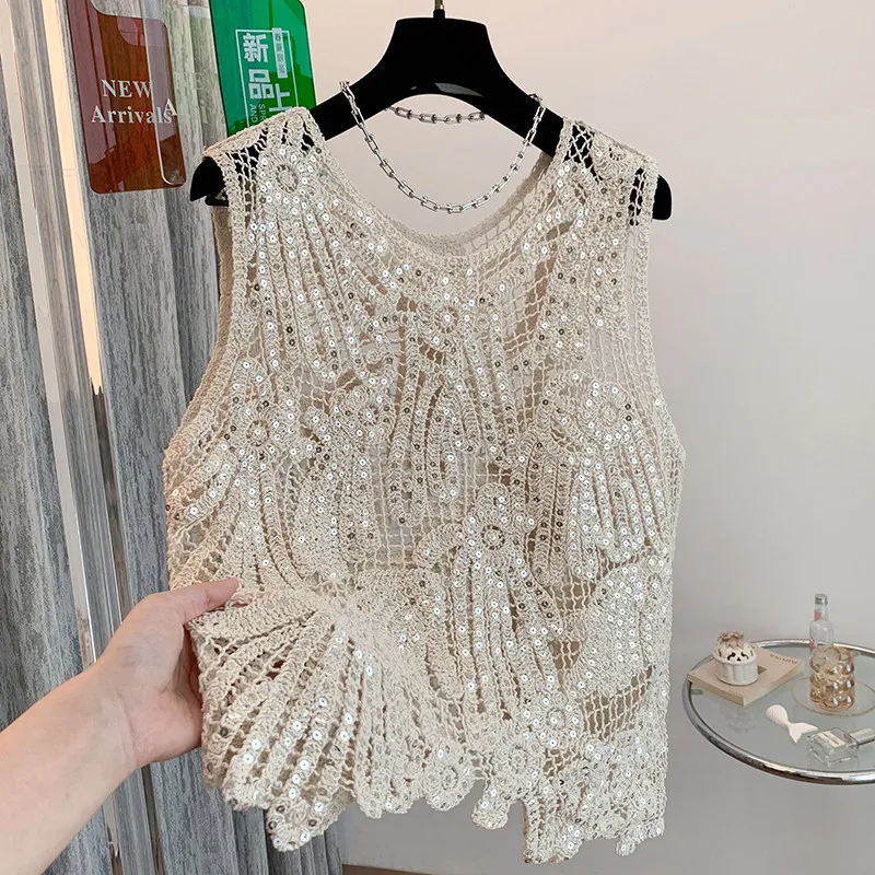 Women Summer Sleeveless Vest Top Unique Hollow Out Crochet Sequin Camisole Vest Elegant Chic See Through Loose Tank Top