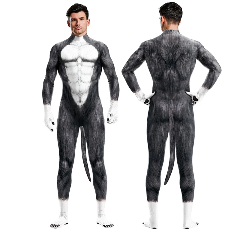 2023 Creative Cosplay Animal Husky Wolf Beast Costumes Unisex Full Cover Elastic Party Bodysuit Zentai with Tail Jumpsuits