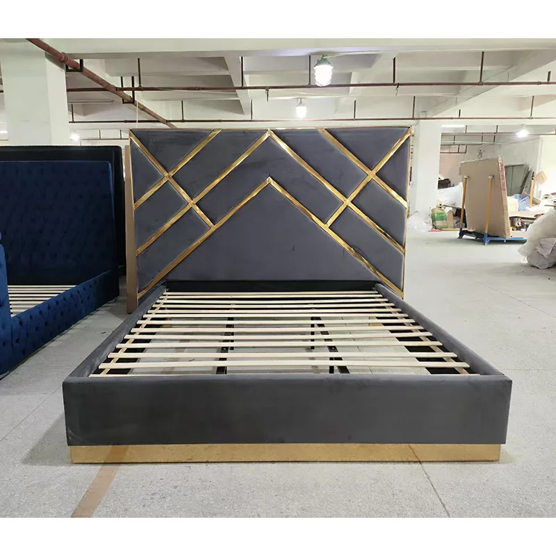 # Modern Luxury Dark Grey High-density Foam Velvet Bed Furniture for Bedroom with Soft Headboard