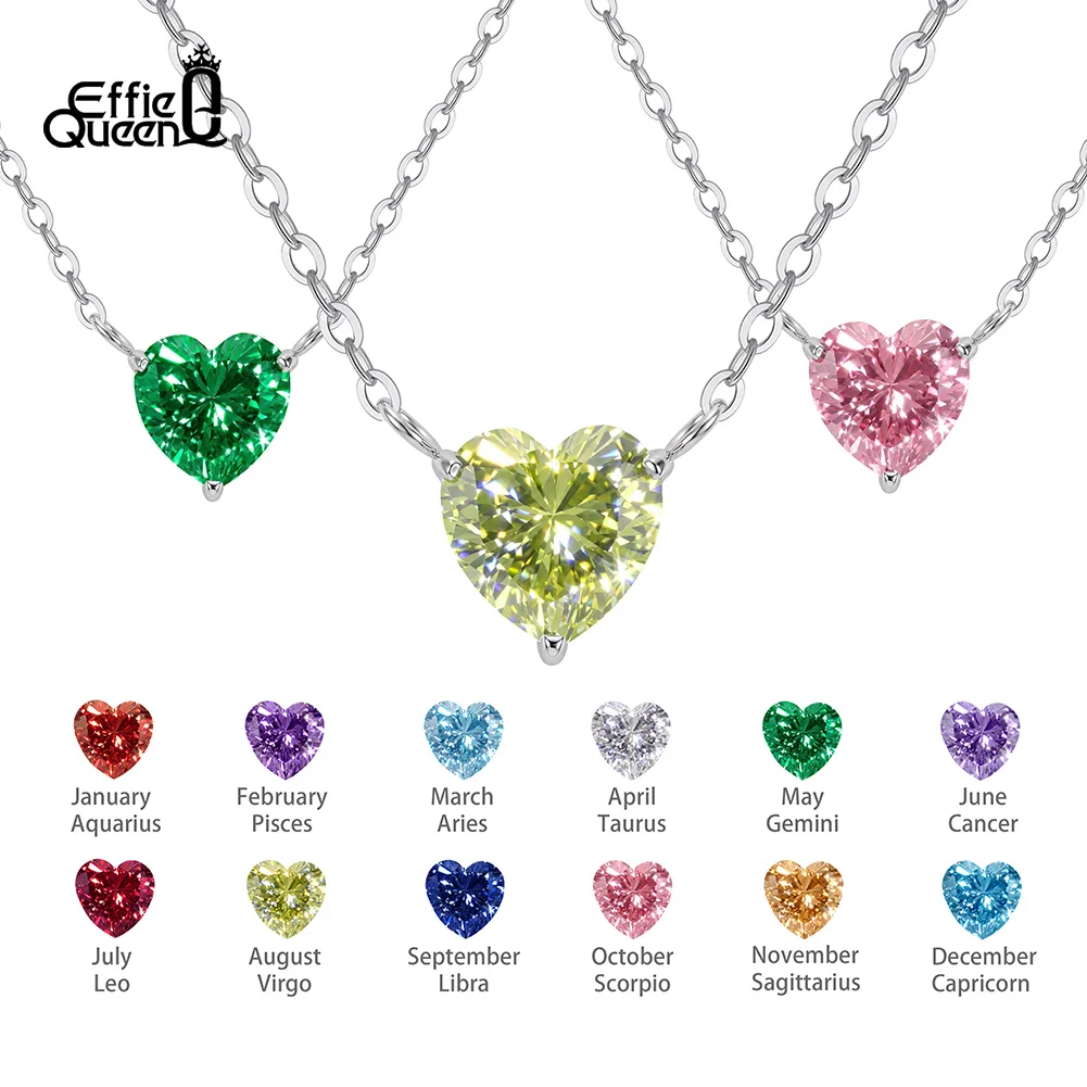 EFFIE QUEEN Zircon Heart Pendant Necklace Stainless Steel Women's Birthstone Collarbone Chain Wholesale Anniversary Gift HTKN06