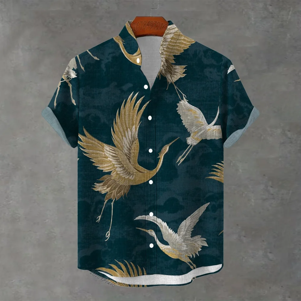 Summer men's Chinese stand-collar short-sleeved shirt retro crane print loose casual holiday cardigan national style shirt