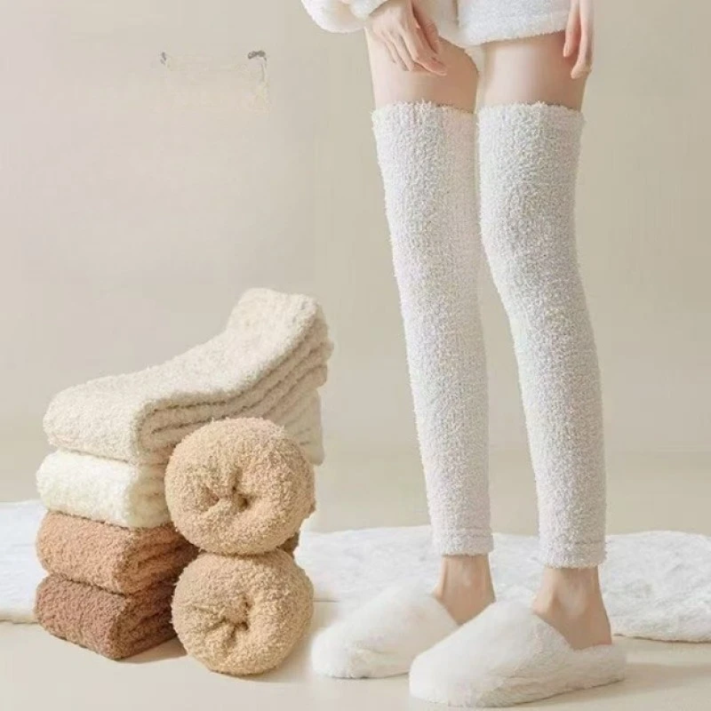 1 pair of women's knee protection coral fleece leggings socks with fleece thickened warm sleeping stockings over the knee