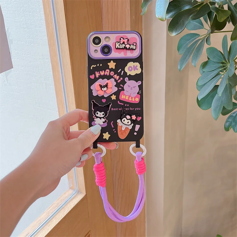 INS Hot Sanrio Purple Kuromi Case For iPhone 15 14 13 12 Pro Max Cute Cartoon Large Window Veneering With Lanyard Phone Cases