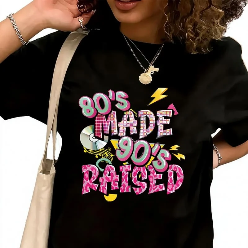 80S made 90S raised Women's T-Shirt 100% Cotton Funny Graphic Short Sleeve Tee Novelty Shirt Casual Crew Neck Top S-5XL