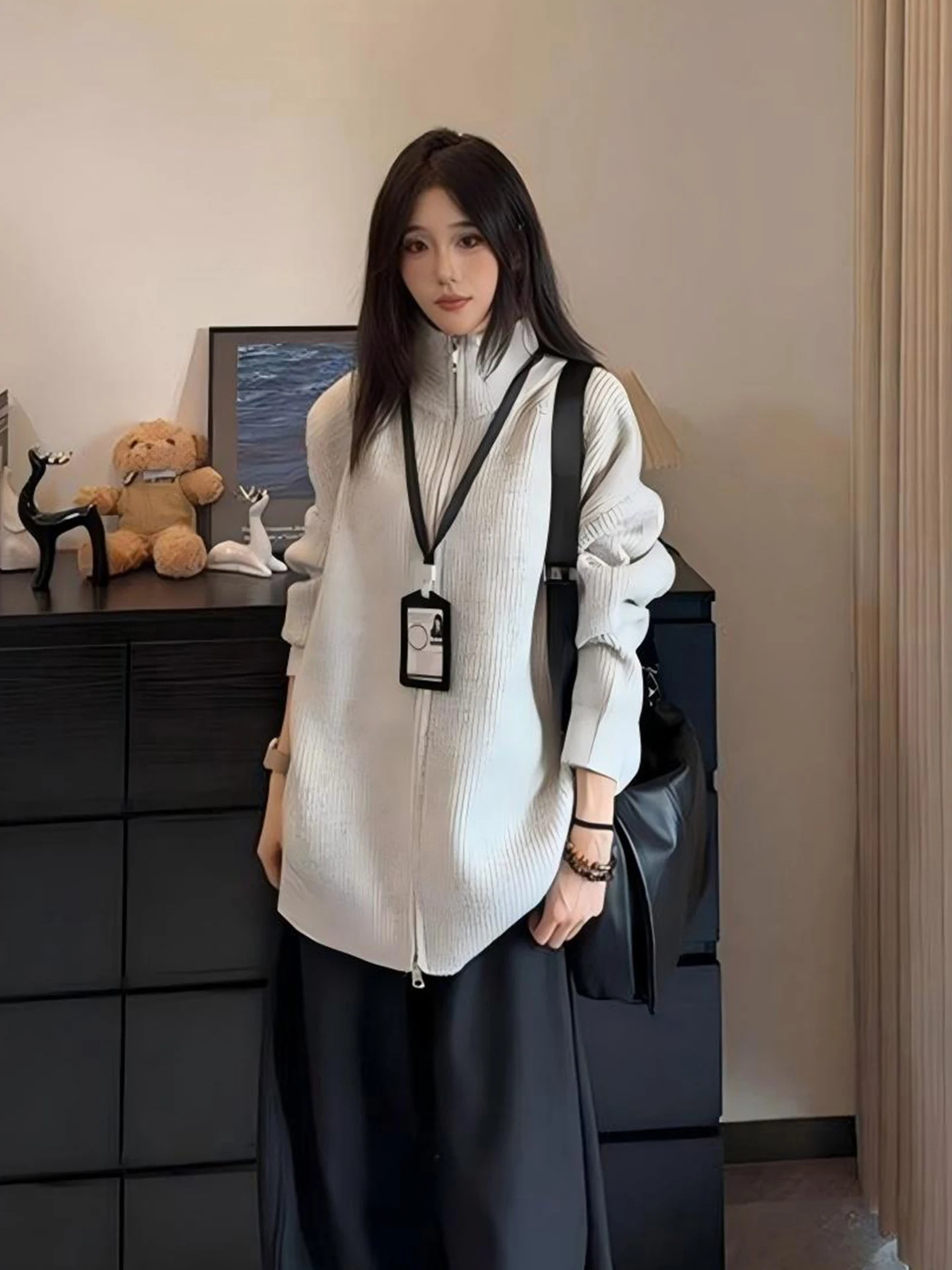 

Свитер с двойной молнией и воротником-стойкой из однотонной ткани, модная вязаная одежда Cleanfit премиум-класса для осеннего сезона