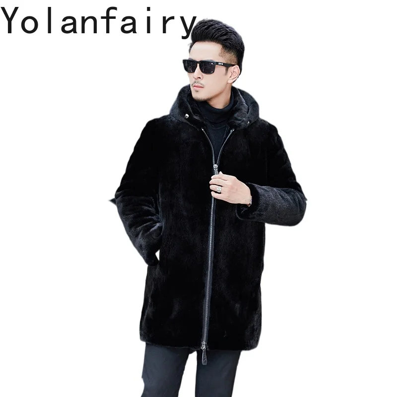 YOLANFAIRY Velvet Whole Mink 100% Natural Fur Coat Men Winter Hooded Mid-length Natural Black Mink Fur Jacket Top Quality casaco