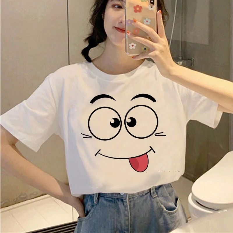 ユニセックスのグラフィックプリントTシャツ,半袖トップス,ラウンドネック,カジュアル,夏,面白い表情,原宿