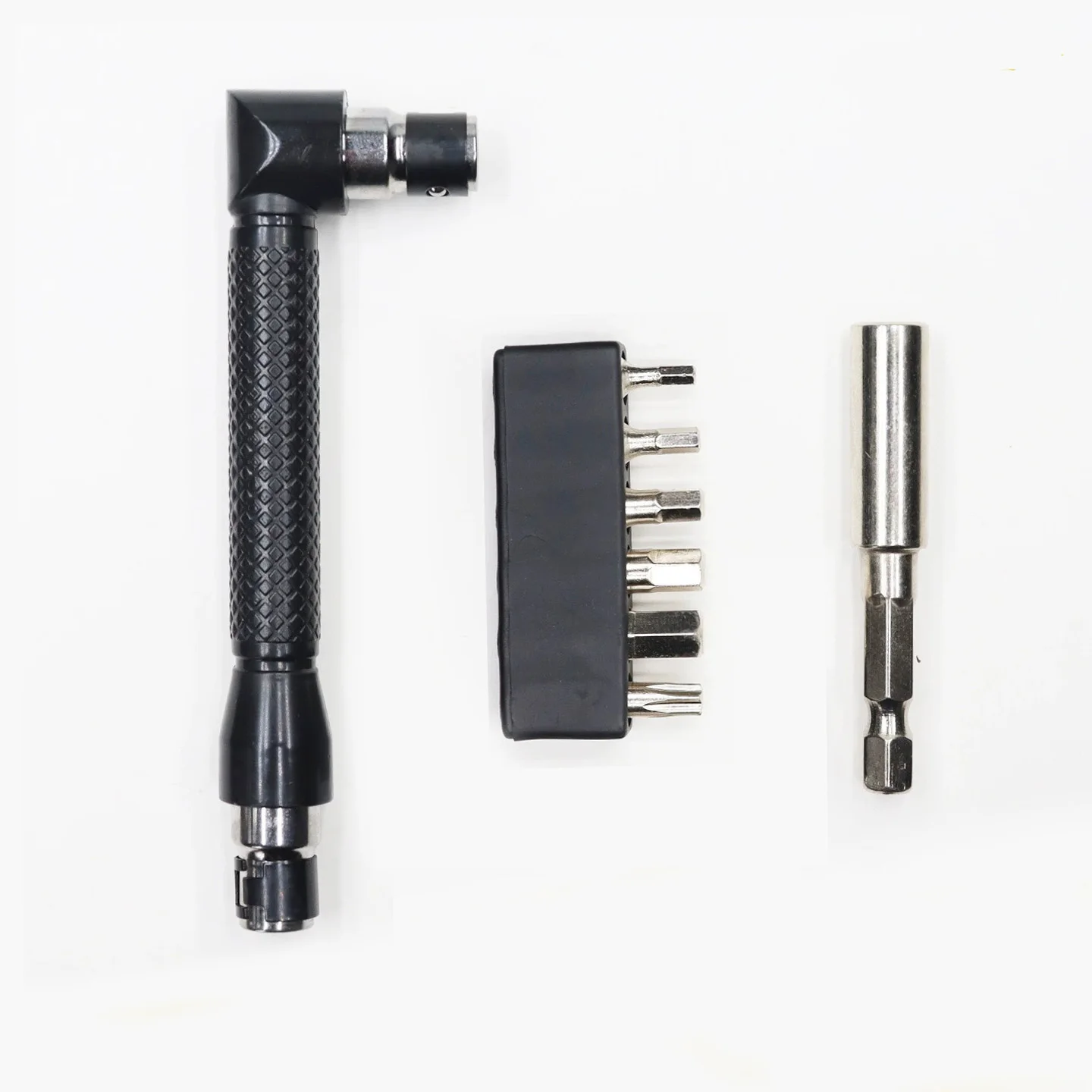 L shaped screwdriver handle with 6.35mm hex interface and extension bar for use with interchangeable bits in restricted areas