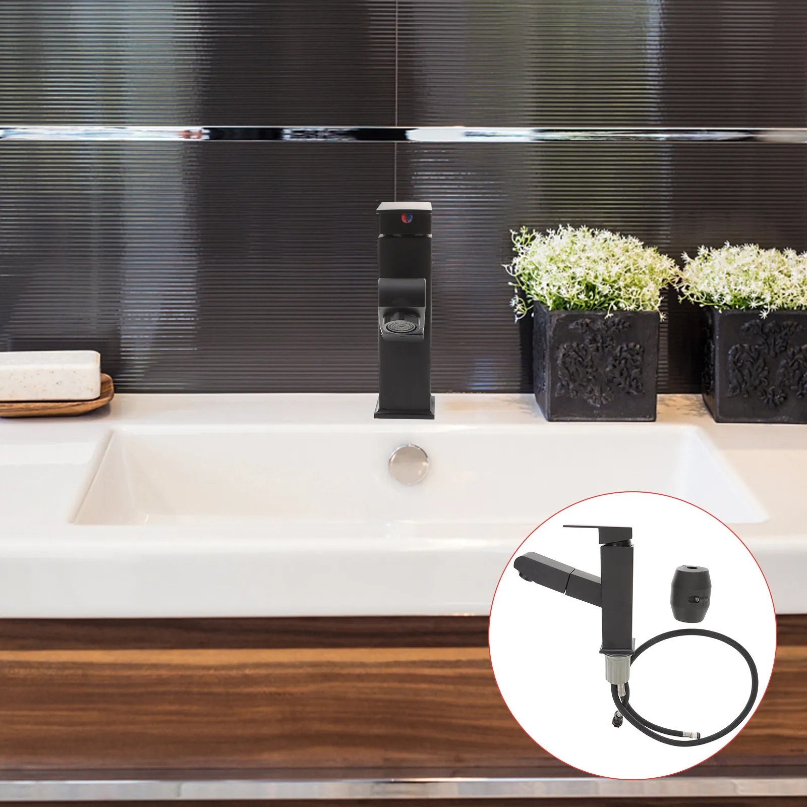 Pull out Faucet Black Finish Kitchen Bathroom Sink Taps Stainless Steel Bubble Water Output Hot Modern Design