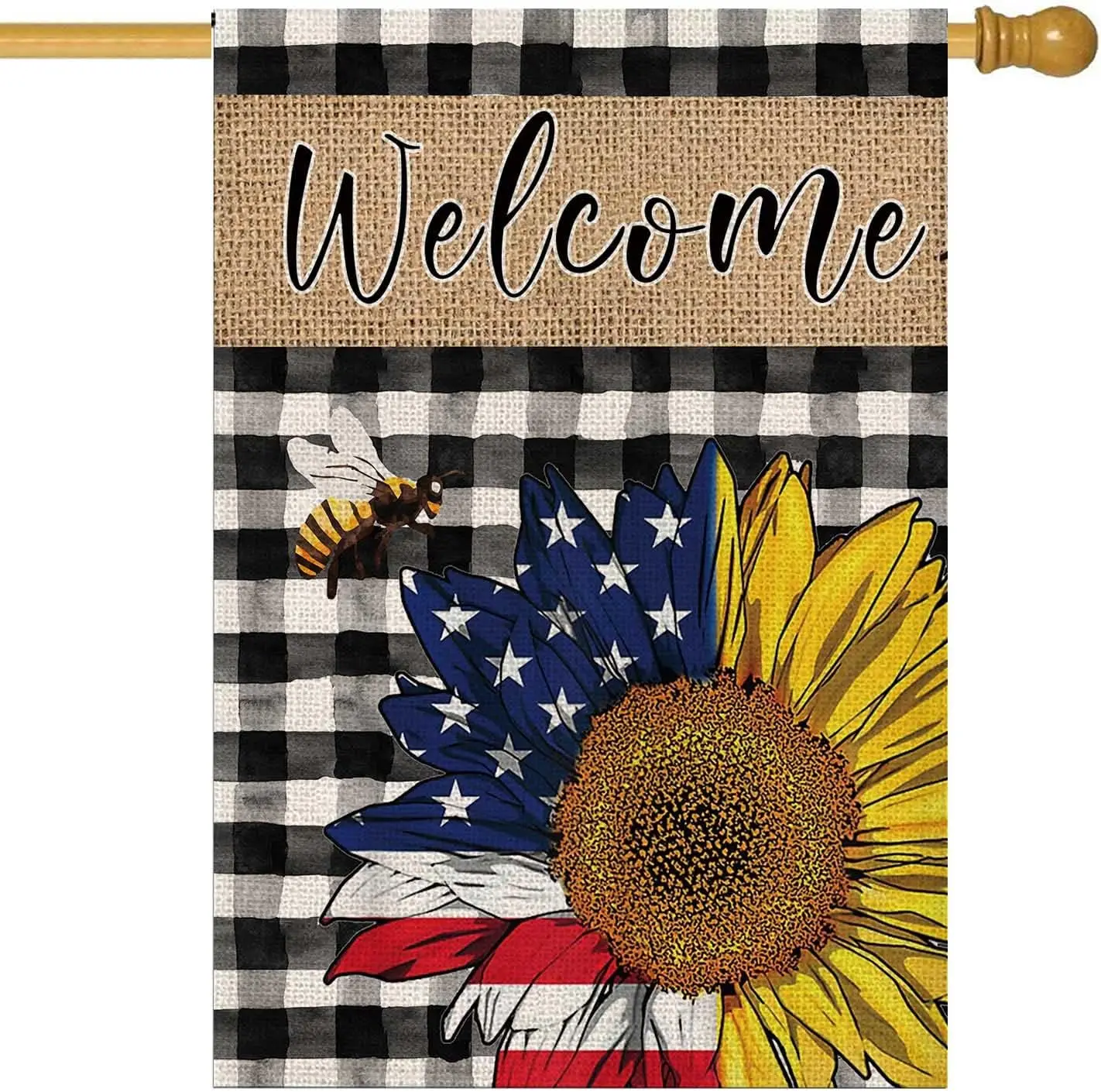 Summer Sunflower Patriotic House Flag 28 × 40 Inch 4th of July Buffalo Plaid Double Sided Burlap Flag for Seasonal Anniversa uui