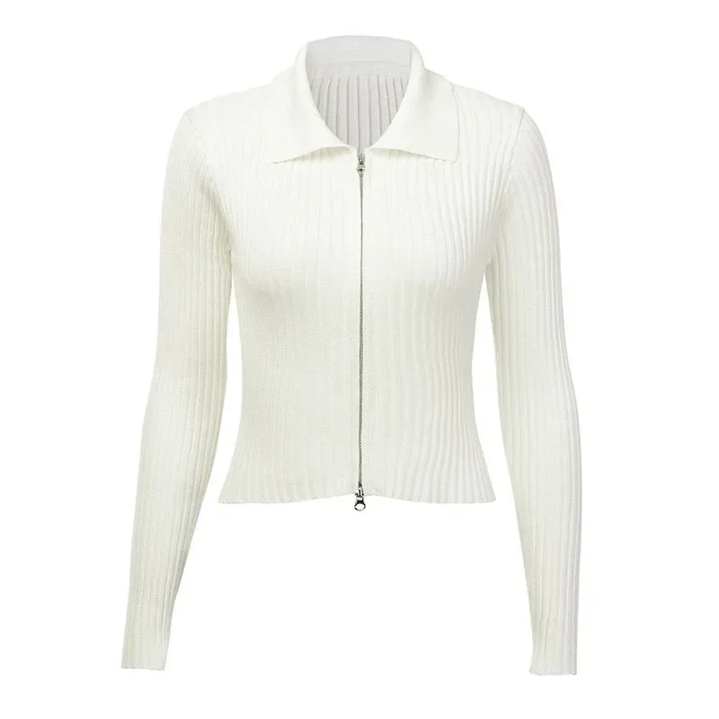 Lucyever Black Zipper Knitted Cardigan Women Autumn Winter New Turndown Collar Cropped Sweater Streetwear Slim Y2K Knitwear Lady