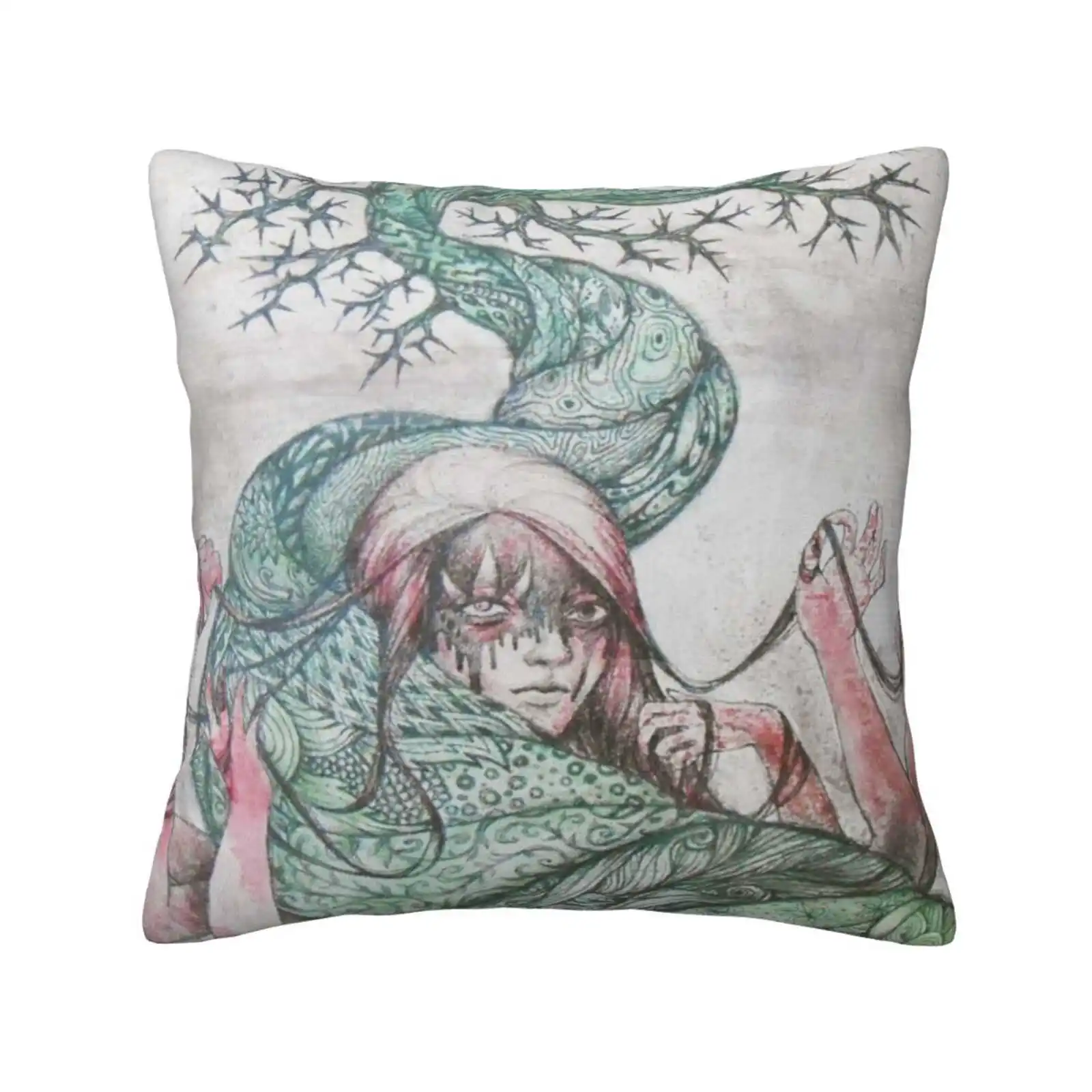 Bountiful Funny Cute Decor Square Pillowcase Girl Woman Character Hair Face Fantasy Fairy Tale Pencil Sketch Acrylic Wash