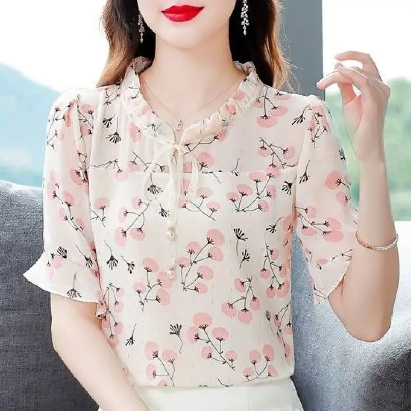 Women Summer Fashion Elegant Loose Printing O-neck Short Sleeve Chiffon Shirts Women Clothes Casual All-match Appear Thin Tops