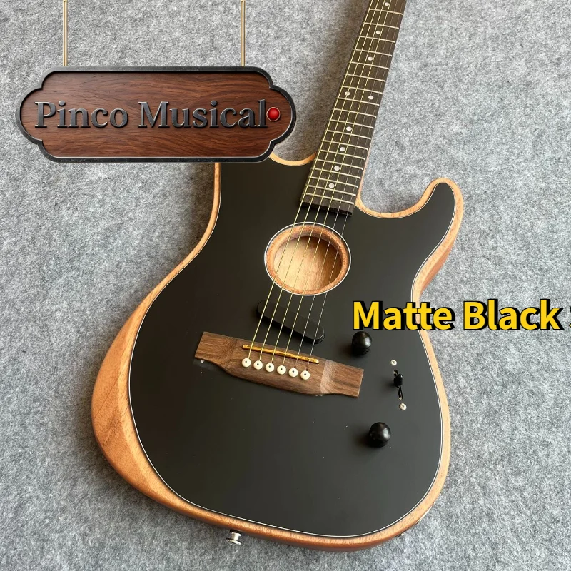 Matte Black ST Hybrid Acoustic-Electric Guitar, Mahogany Binding 1989 Piezo+Magnetic Pickup, Fingerstyle Folk Rock Guitar
